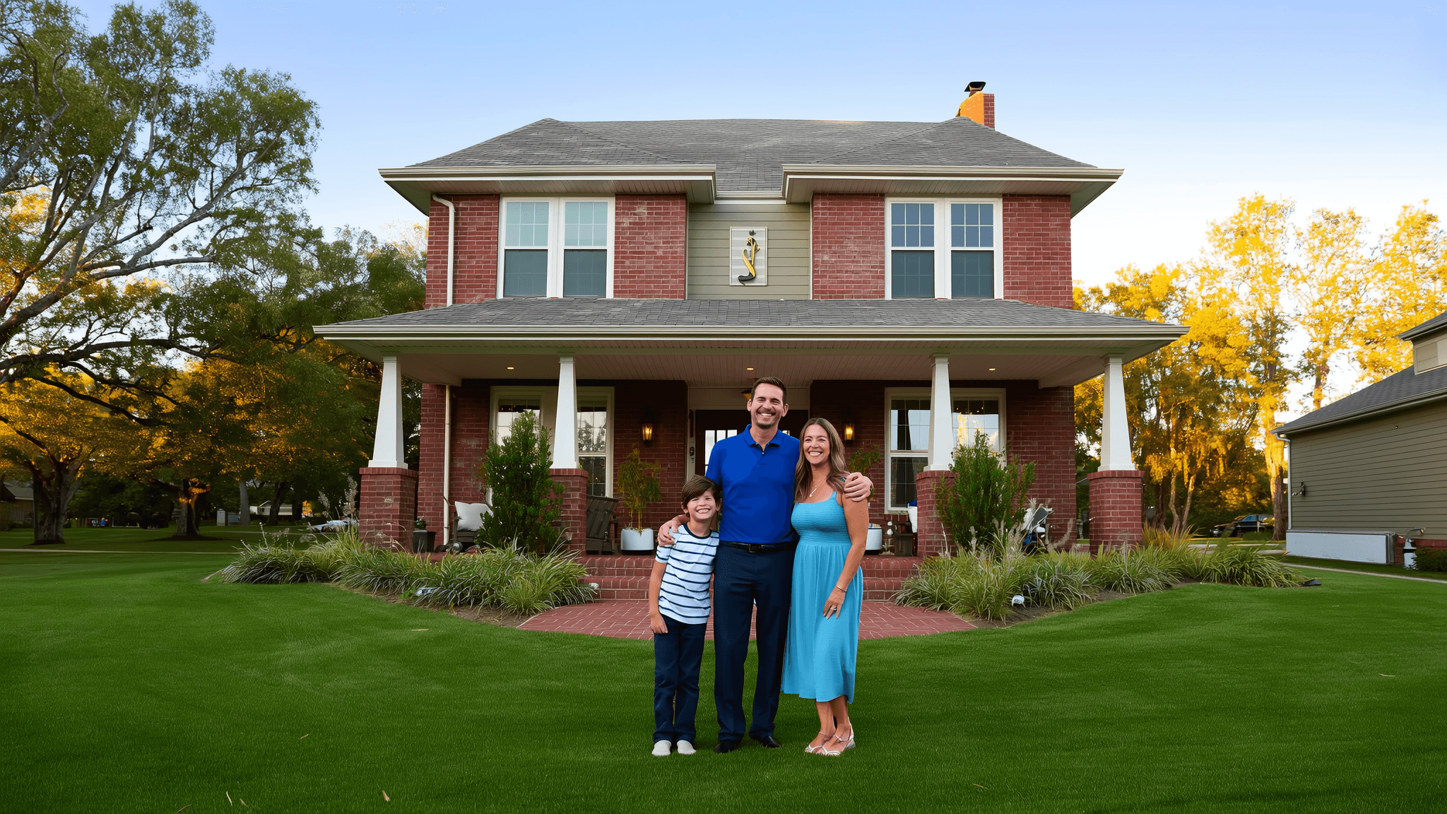 Happy Texas homeowners and their family at their suburban brick home after a service visit