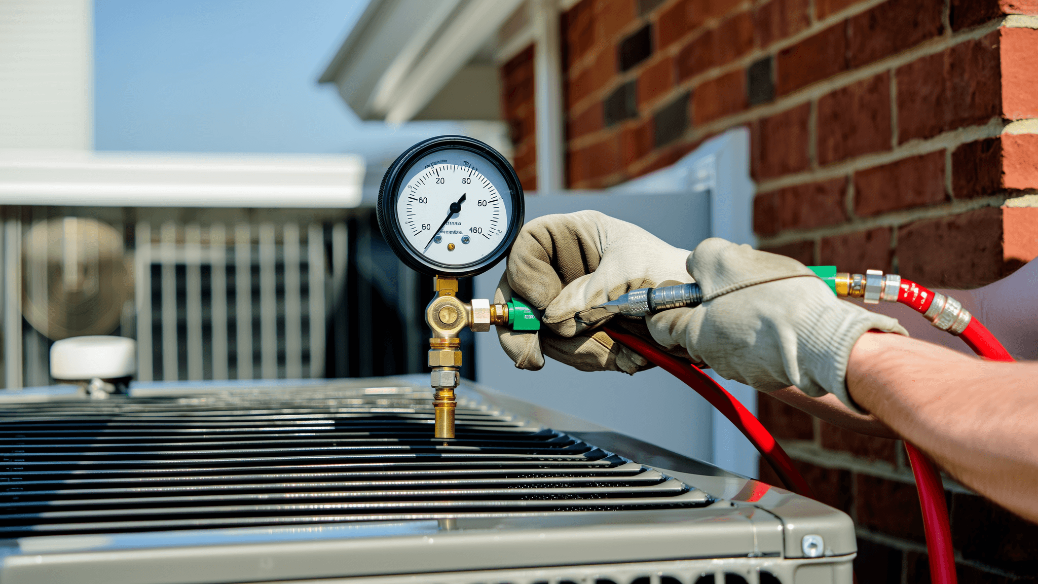 HVAC technician servicing an outdoor AC condenser unit at a Texas suburban home